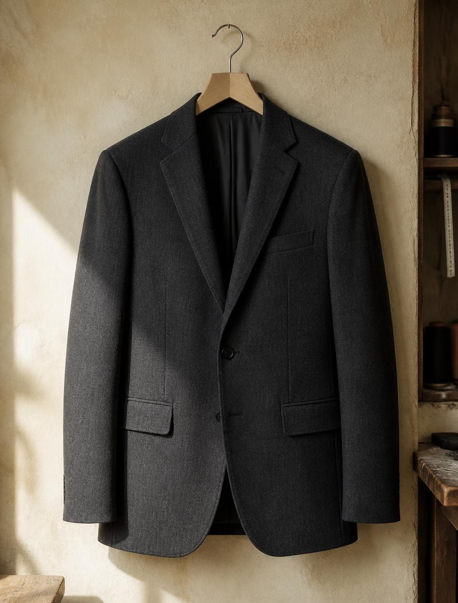 Concept image of a charcoal blazer after tailoring and pressing